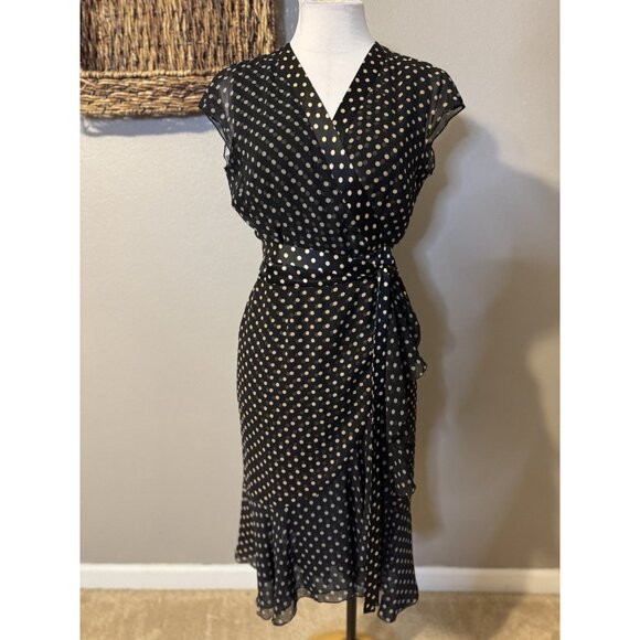 Etcetera Wrap Dress 6 Small Black Gold SILK Polka Dot Flutter Cap Sleeve - Picture 7 of 11